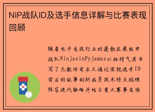 NiP战队ID及选手信息详解与比赛表现回顾