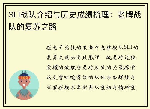 SLI战队介绍与历史成绩梳理：老牌战队的复苏之路